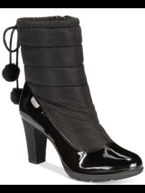 Anne Klein EXHALE Black Quilted Mid-Calf Pom-Pom Patent Toe Heeled Boot